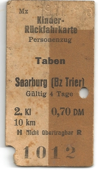 Fahrschein - Kinder-Rückfahrkarte von Taben nach Saarburg 1960 Fahrschein - Kinder-Rückfahrkarte von Taben nach Saarburg 1960